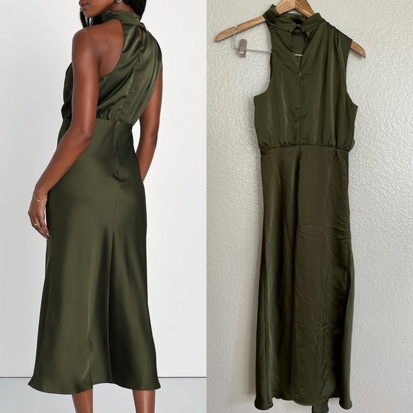NWOT Distinctive Charm Olive Green Satin Asymmetrical Midi Dress - Picture 3 of 9